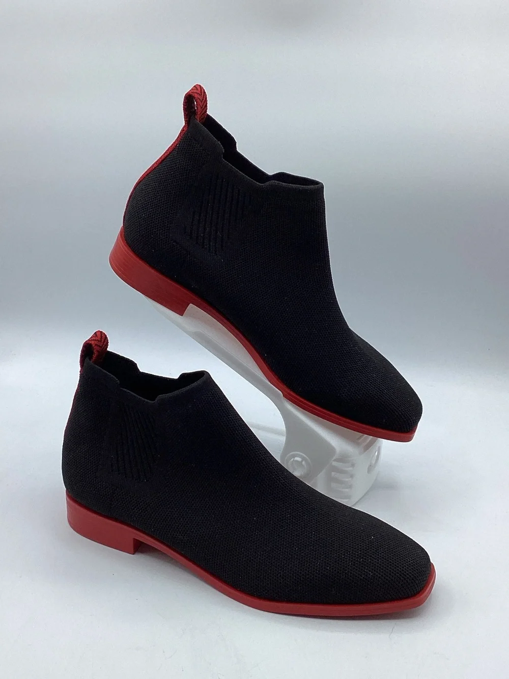 Vivaia Black Knit square toe Ankle boots with Red Sole